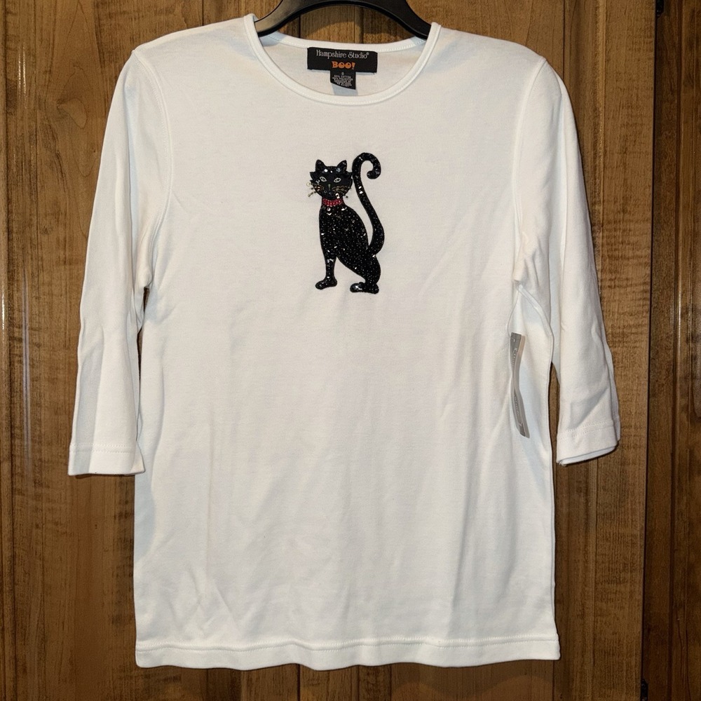 Hampshire Studio BOO! Halloween White Shirt 3/4  Slleeve Sparkly Black Cat Small